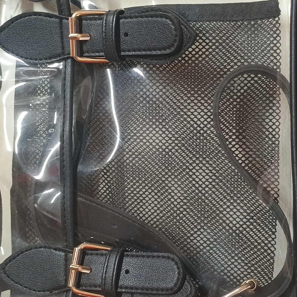 Transparent Handbag with Black Mesh and Gold Buckles